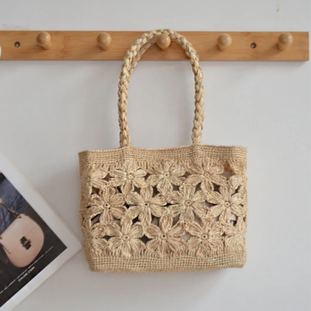 Woven Straw Bag - Богемная соломенная сумка с цветком, большая