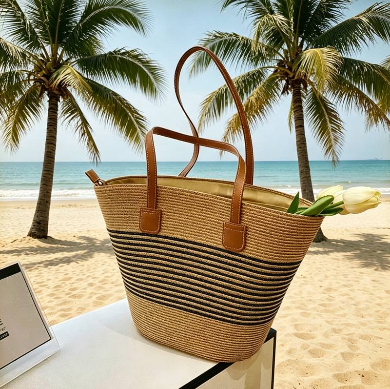 Woven Straw Bag - CLAREGQI Женская полосатая соломенная сумка-тоут, вместительная