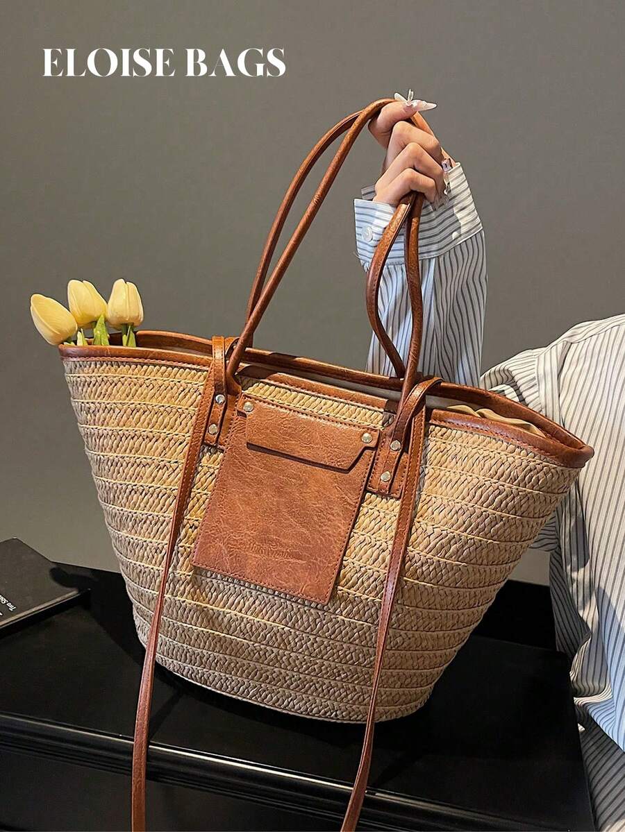 Woven Straw Bag - Модная вместительная плетеная сумка-тоут, новая пляжная