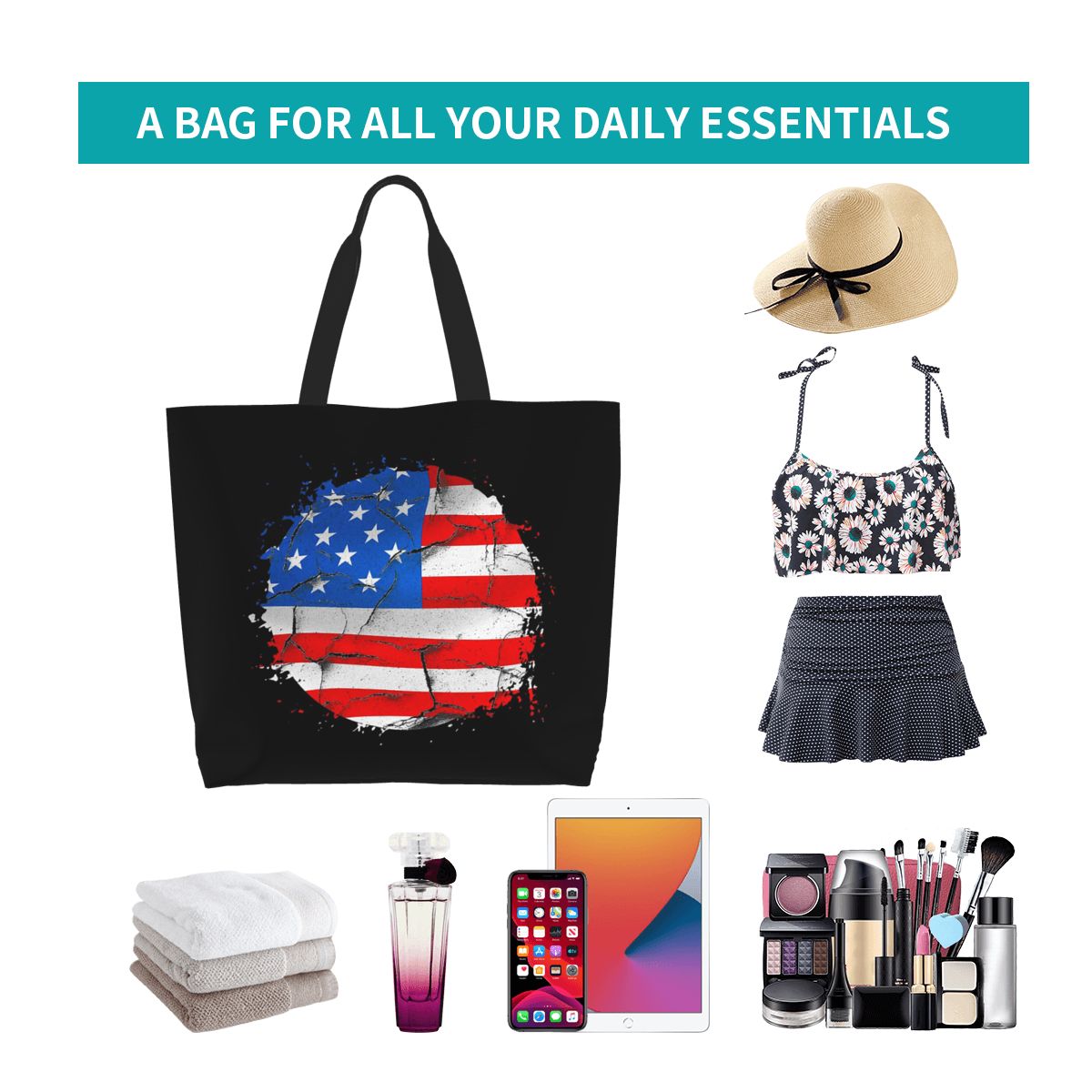 Women Bags Usa - Сумка-шоппер с американским флагом, холщовая, большая